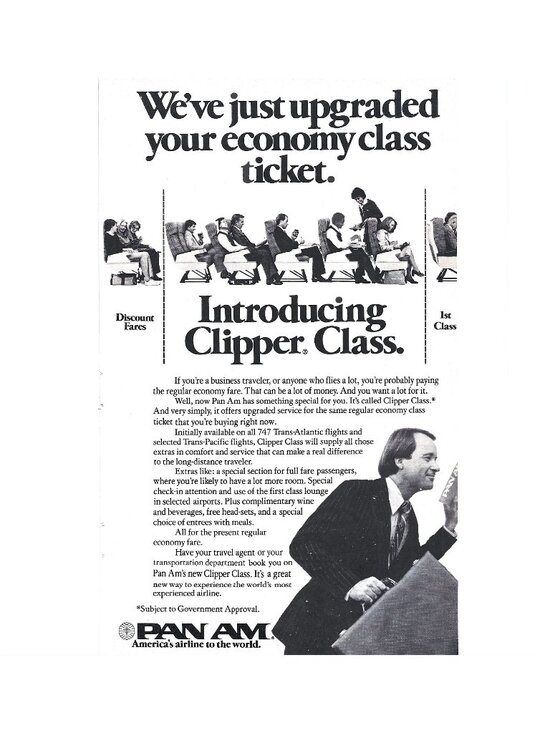 Print Ad Pan Am Airlines Clipper Class Enhanced Economy Travel Comfort Vintage